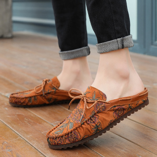 半拖豆豆鞋男夏季韩版百搭印花2023春季新款红色休闲懒人无后跟鞋