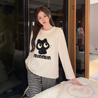卡通小猫加绒睡衣套装女士春秋冬季海岛绒保暖薄绒可爱长袖家居服