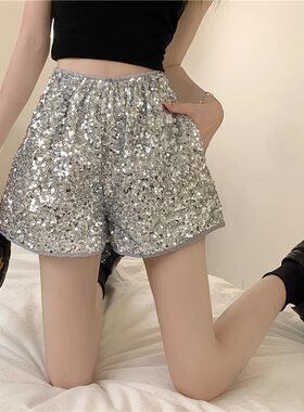 欧洲站高级感亮片短裤女夏季新款时尚百搭高腰显瘦休闲a字阔腿裤