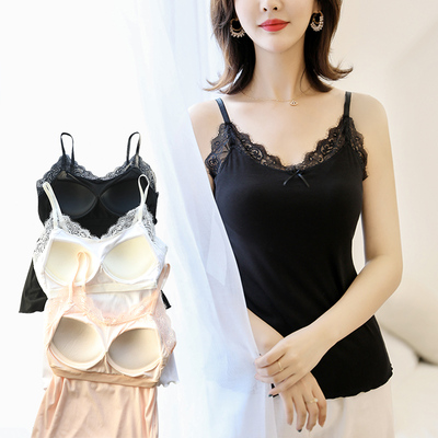 吊带上衣女带胸垫蕾丝文胸一体带胸罩背心内搭打底美背内衣睡衣夏