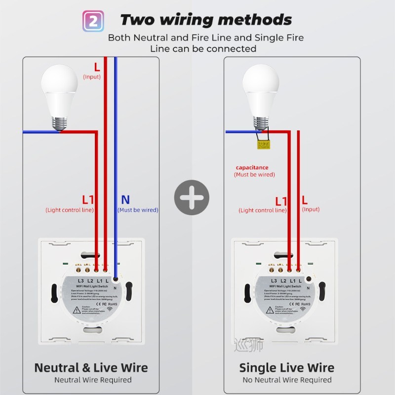 Tuya WiFi Touch Smart Switch Light Without Neutral Wire Glas