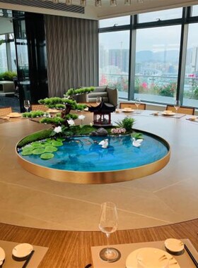 酒店桌面装饰 旋转圆台摆景 大圆桌景观摆台荷塘亭美镜Z面宴会桌
