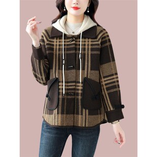 中年妈妈秋冬短款夹克洋气格子针织羊绒外套女连帽假两件毛呢大衣