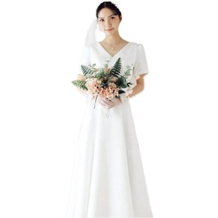 森系旅拍轻婚纱超仙新娘V领白y色简约韩版 缎面气质显瘦轻纱出门纱