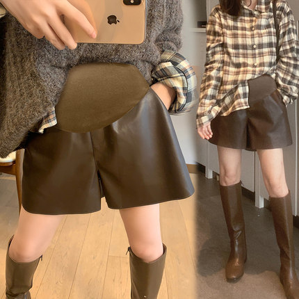 孕妇短裤秋冬外穿宽松大码韩版黑色毛边皮PMU孕妇阔腿孕妇托腹靴