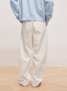 厂家INRM官方店】简约百搭白色梭织I长裤松紧腰显瘦宽松直筒裤