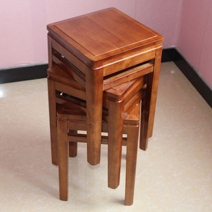 家用双档全实木方凳餐凳可叠圆y凳胡桃色时尚简约客厅凳成人大板