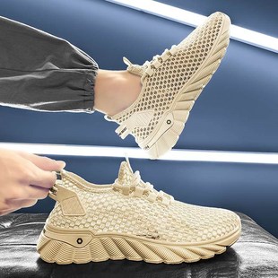 鞋子男款透气防臭隐形内增高6cm洞洞鞋男生夏天透气网鞋厚底凉鞋