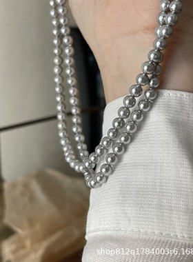 异彩清冷银灰色施家强光珍珠1A4k包金项链小众轻奢气质复古锁骨
