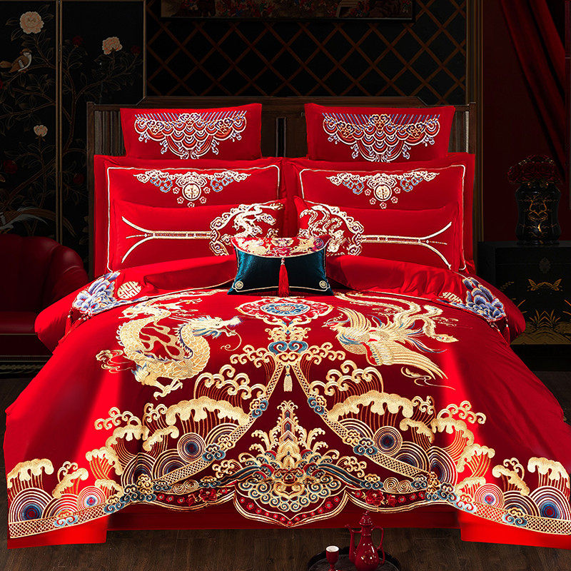 结婚四件套大红刺绣龙凤婚庆房嫁喜庆全棉被套床单床上用品六件套,床上用品,婚庆床品套件,淘宝优惠券,粉丝福利购,淘宝优惠卷