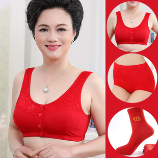 本命年大红色文胸妈妈内衣裤套装无钢圈前开扣大码中老年胸罩蛇年
