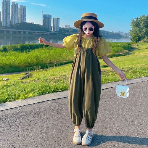 工厂销女童背带裤套装夏季2024新款洋H气儿童裤子女孩中大童夏装