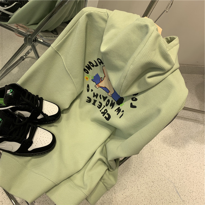 热销华夫格卫衣女春秋薄款2021新款韩版学生宽松显瘦长袖连帽上衣