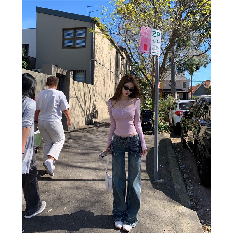 JMSHOP 拽姐很辣 美式多口袋重工低I腰牛仔裤女设计感秋季工装裤