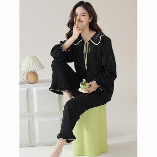 睡衣女春秋季 新款 纯棉抗菌黑色套头束口荷叶边甜美休闲家居服套装