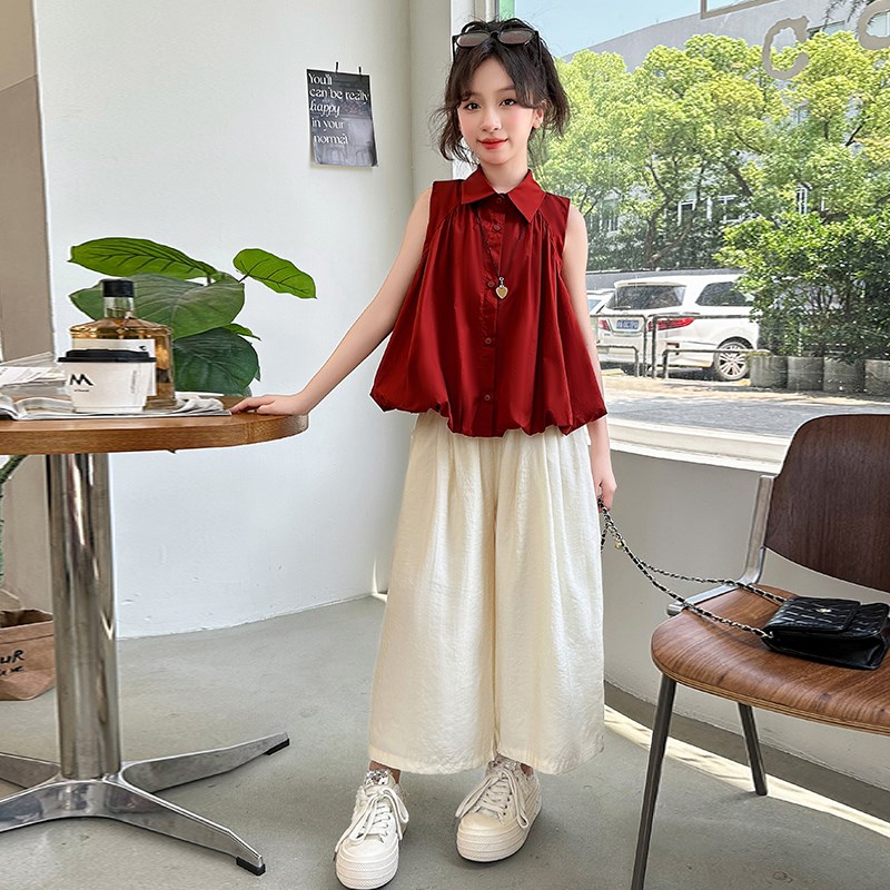 女童夏装套装2024新款冰丝儿童阔腿裤夏季薄款女大童休闲九分裤子