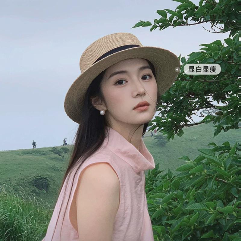 2024新款礼帽围草帽女款法式平顶编织帽海边沙滩度假大头大码新品