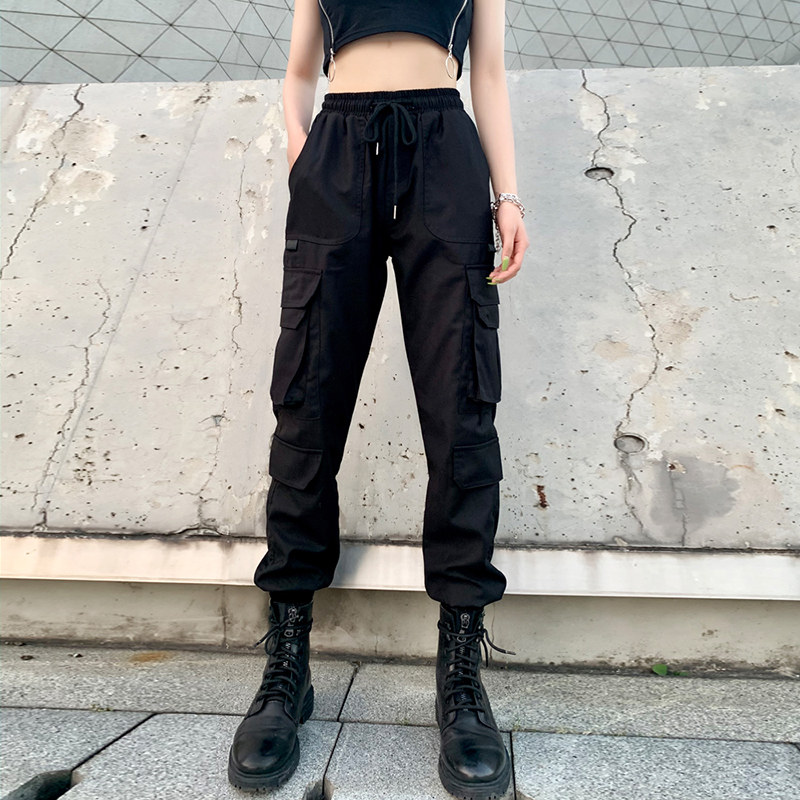 黑色工装裤女夏季薄款2023新款高腰显瘦大码宽松束脚休闲运动裤子