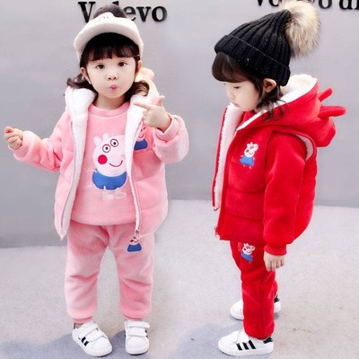女宝宝0女婴儿童装衣o服1冬装3岁女童2加绒洋气卫衣三件套装韩版