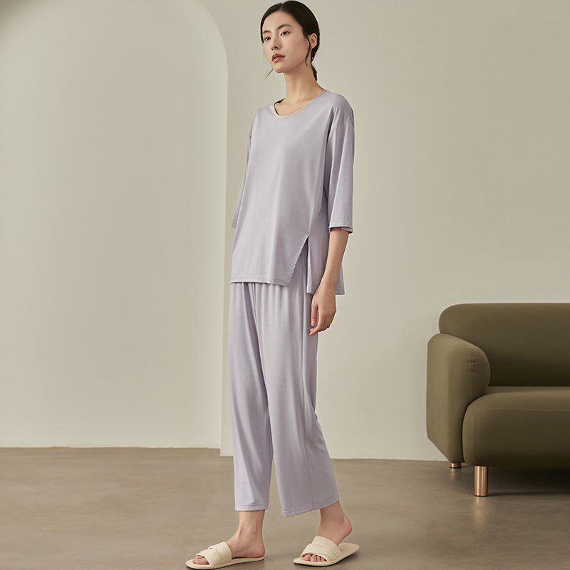 七分袖睡衣女款夏季铜氨丝开叉中袖长裤薄款夏天可外穿家居服套装