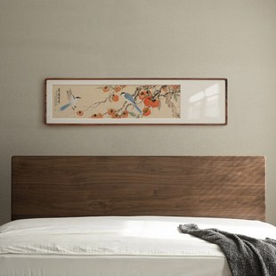 新中式横版花鸟画卧室床头装饰画客厅沙发壁画茶室书房原木风挂画