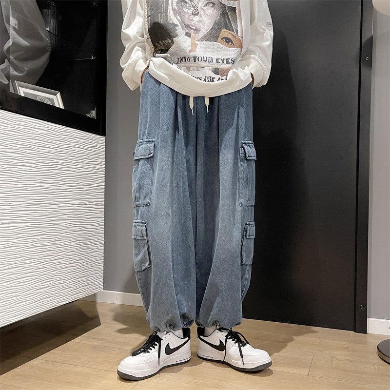 新品美式高街多口袋工装牛仔裤男潮牌束脚哈伦裤春秋季宽松直筒阔