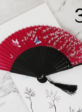 真丝古风折扇中国风女式扇子绢扇日式和风漆边折叠小扇女扇