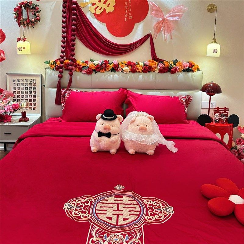 中式刺绣婚庆四件套大红色床单被套结婚床上用品婚嫁喜被,床上用品,婚庆床品套件,淘宝优惠券,粉丝福利购,淘宝优惠卷