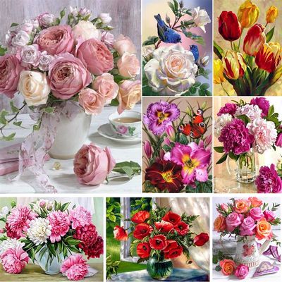 速发5D DIY Diamond Painting Flowers Rose in Vase Cross Stitc