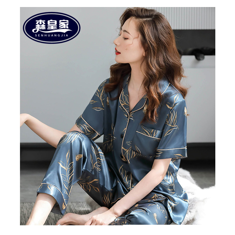 高级感2023新款真丝睡衣女夏季薄款冰丝短袖长裤家居服套装春夏天
