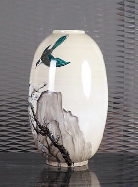 新中式创意手工彩绘山雀鸟陶w瓷花瓶摆件样板房间家居餐桌花器摆