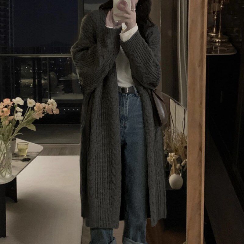 灰色麻花毛衣女针织外套中长款韩版E慵懒风宽松复古开衫早秋穿搭
