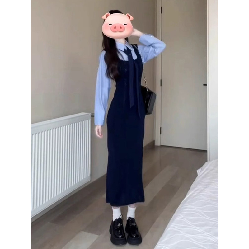 热销气质背带连衣裙子女2024早秋新款韩系氛围感穿搭学院风套装长
