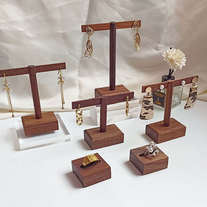 胡桃木珠宝耳钉手链指环收纳展示架首饰托盘摆件绒布W戒指定制小