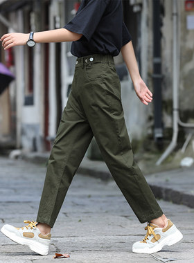 军绿色裤子女宽松直l筒日系工装裤女春秋休闲2021新款九分老爹萝