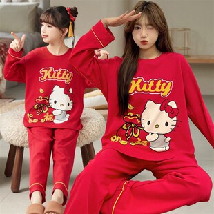 母女亲子装睡衣春秋季长袖圆领玉桂狗大红色女孩儿童薄款套装