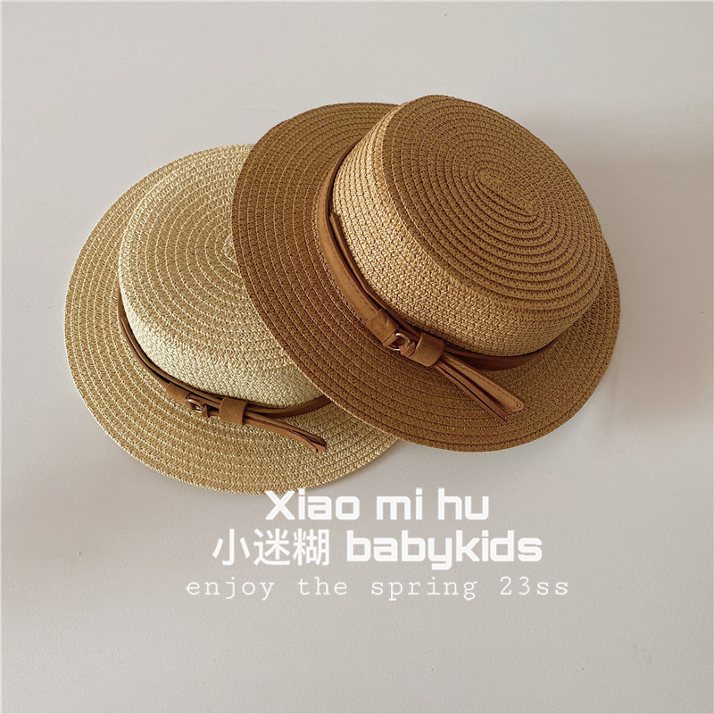 儿童草帽防晒帽男童女童宝宝春夏季法式平顶遮阳帽出游户外帽子潮
