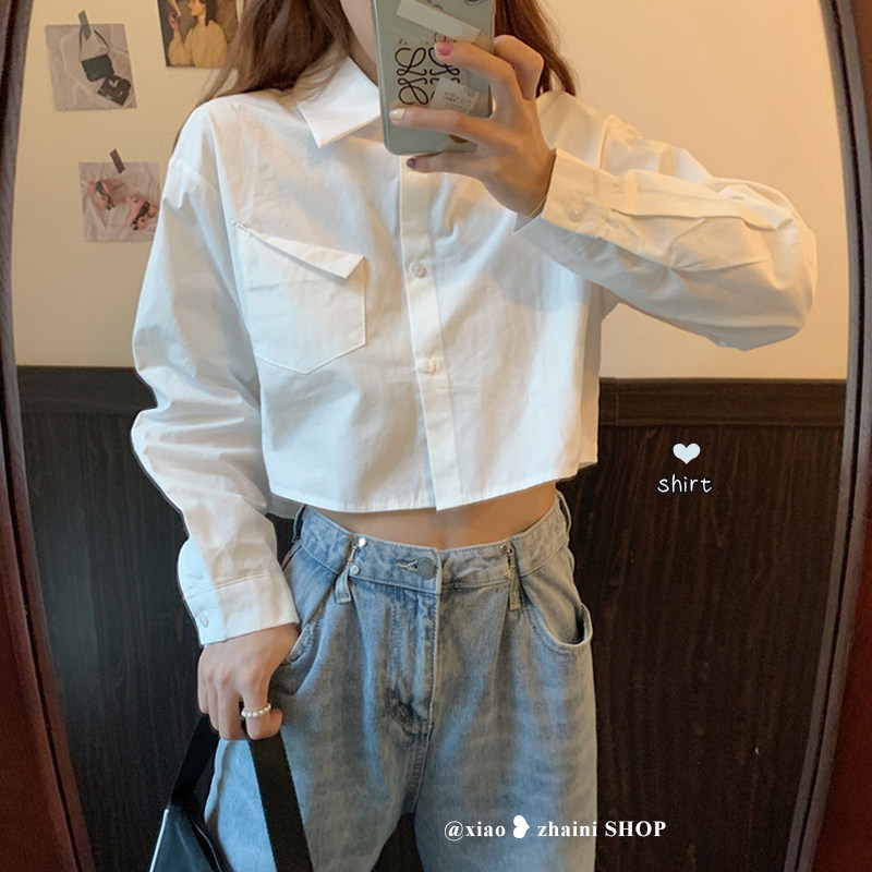 新品polo领白色衬衫女设计感小众长袖衬衣春装2023新X款别致短款