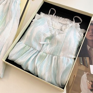 带胸垫一体大码 甜美可爱少女风吊带睡衣女款 家居服套装 天薄款 夏季