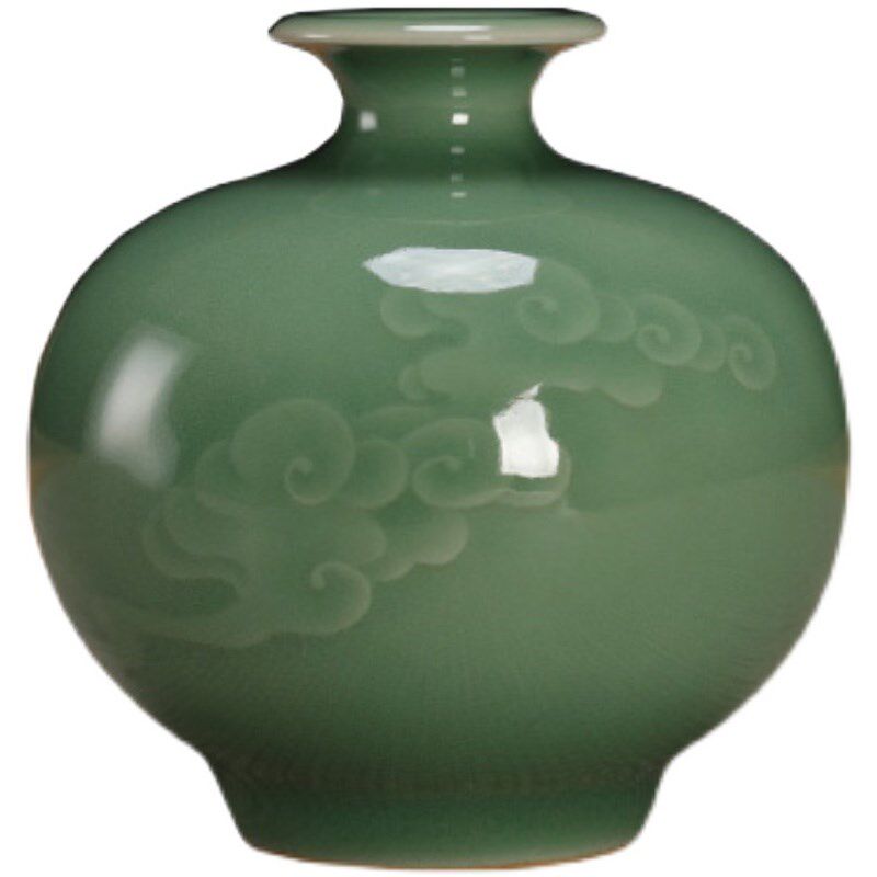 青瓷周连福弟窑梅子青陶瓷花瓶摆件现代花器全手工小号把玩收藏