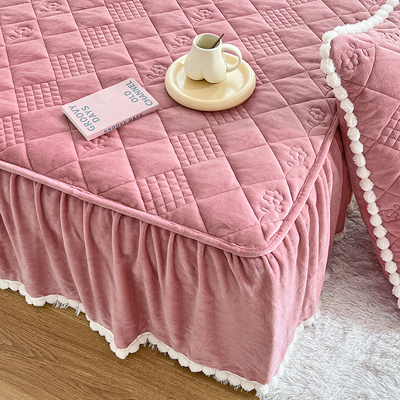 加绒牛奶绒夹棉床裙式床笠单件秋冬季加厚法兰珊瑚绒床垫床套床罩