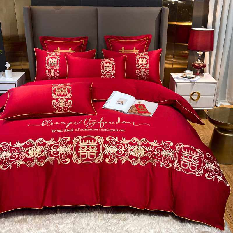 高档大红色婚庆全棉四件套160支纯棉被H套100长绒棉被罩结婚床单,床上用品,婚庆床品套件,淘宝优惠券,粉丝福利购,淘宝优惠卷