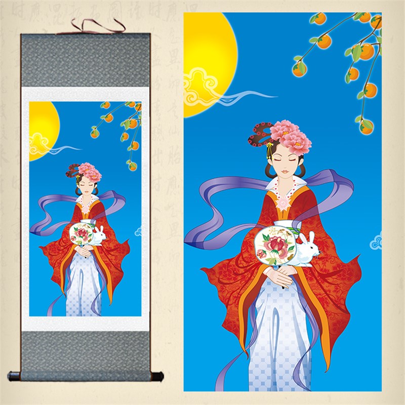急速发货嫦娥玉兔人物卷轴画月光嫦娥壁画装饰画酒店包厢挂画中秋