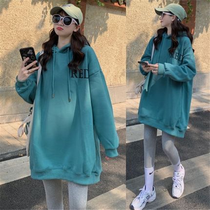 孕妇装春秋款套装大码连帽套头卫衣女宽松中长款加绒加厚上衣外套