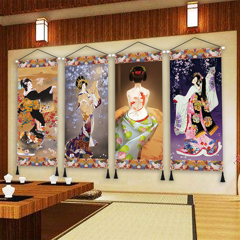 日式浮世绘仕女图挂画和r风店铺玄关背景布艺画卧室床头墙壁装饰图片