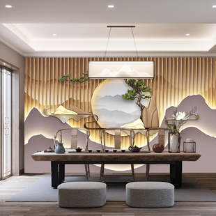 新中式 山水花鸟墙纸轻奢大气客厅壁画卧室背景墙布茶室电视墙壁纸