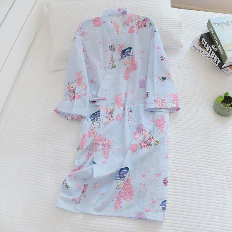 夏季睡裙女纱布薄款和服睡袍中袖睡衣宽松汗蒸服系带浴袍