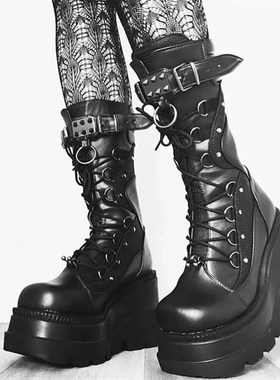 punk women wedge boots Knight boots朋克暗黑厚跟骑士靴中筒靴