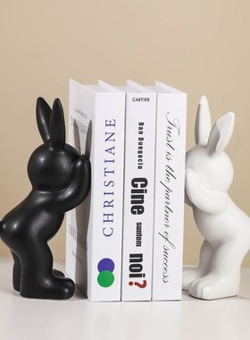 创意可爱兔书挡摆件酒柜卧室玄关书柜陶瓷桌面书立家居装饰品摆件