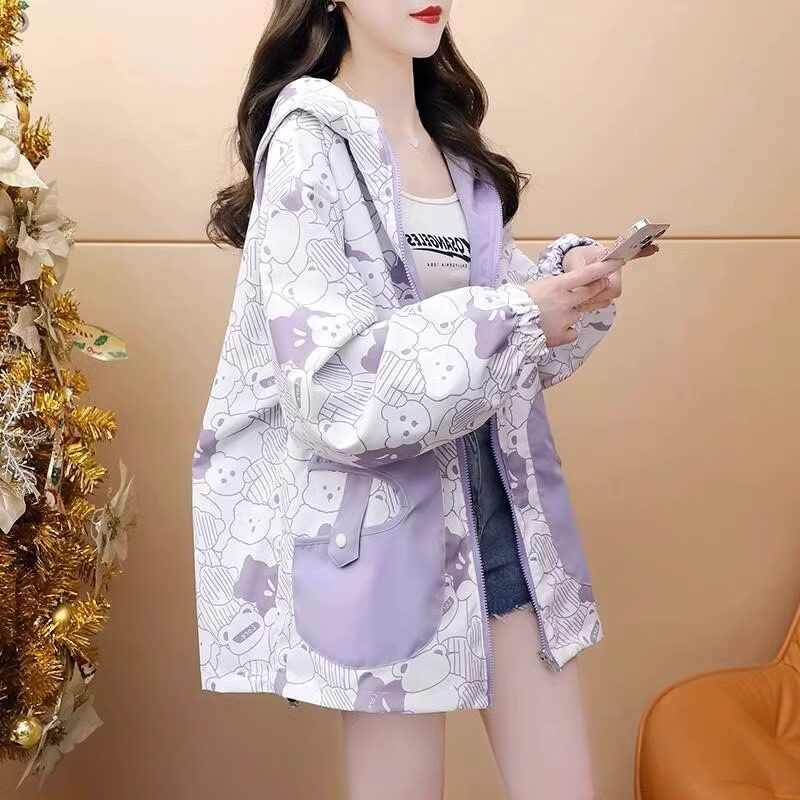 现货两面穿外套h女春秋2023新款洋派宽松休闲卡通连帽工装冲锋衣